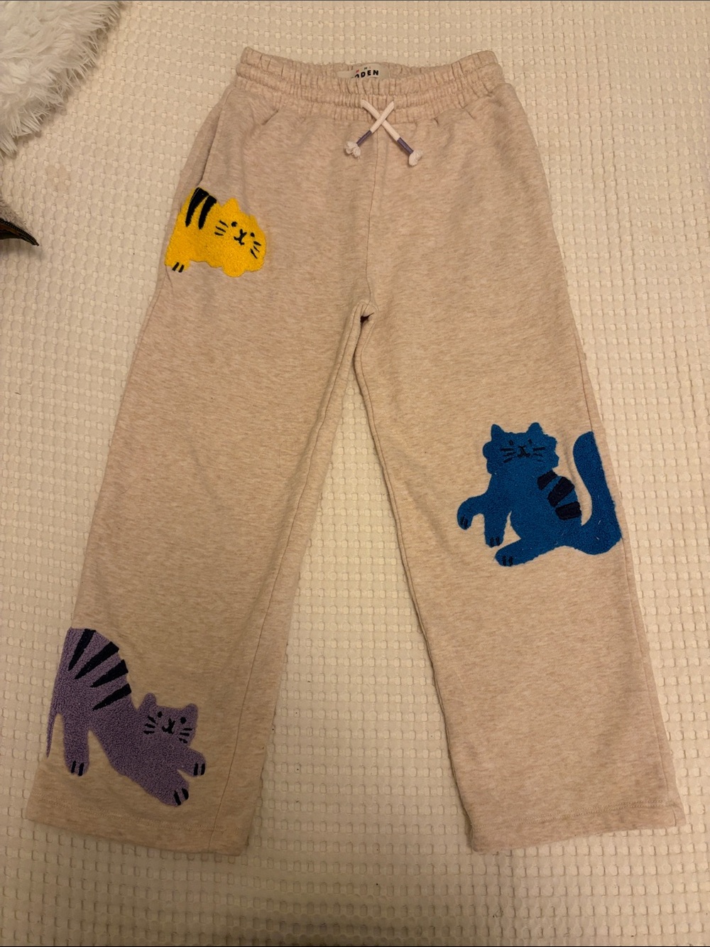 Mini Boden Beige Sweatpants with Colorful Cat Patches